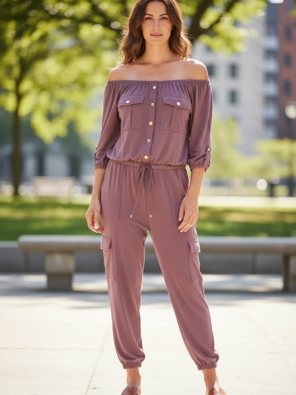 Off-Shoulder Utility Jumpsuit in Mauve